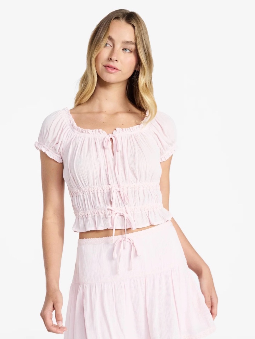No Boundaties Pink Camo Puff Sleeve Peplum 3 Bow Pull On Blouse